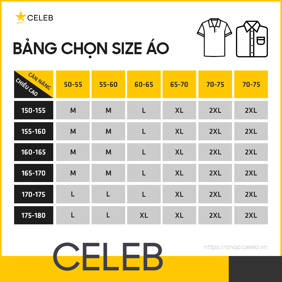 Bảng size áo sơ mi nam tại CELEB