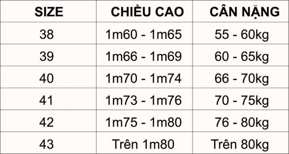 bảng size áo sơ mi nam theo số